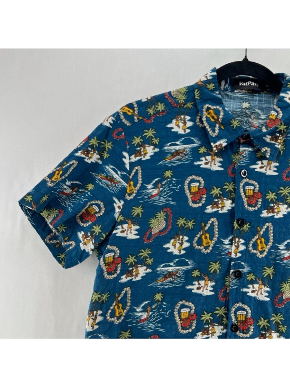 VatPave Hawaiian Print Shirt Men S Cotton Viscose Short Sleeve Casual Aloha Blue - Picture 7 of 13